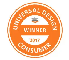 Kermi-Heizkörper in Form eines Siegels, gekennzeichnet mit "Universal Design Winner 2017", auf orangem Hintergrund.